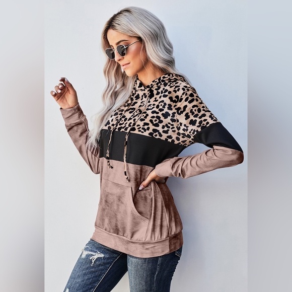Leopard Print Hoodie - Contrast Color Block - Drawstring - Kangaroo Pockets - Picture 2 of 3